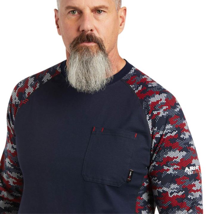 Ariat FR AC Stretch Camo Baseball T-Shirt Navy | vdTGLuET