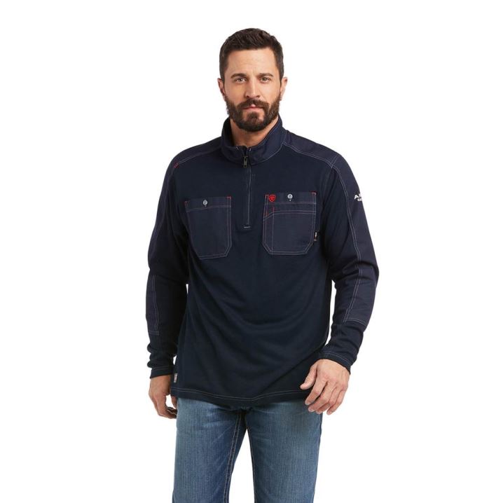 Ariat FR DuraLight 1/4 Zip Arbeits Shirt Navy | rZxHULVU