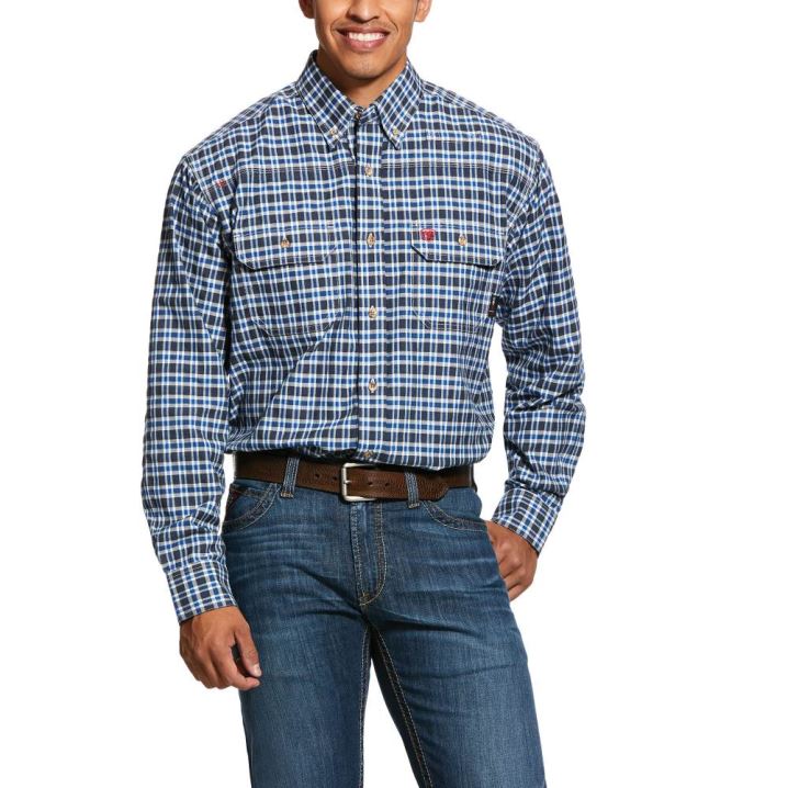 Ariat FR Plaid Featherlight Arbeits Shirt Navy | nrazvph0