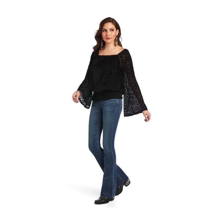 Ariat Leopard Velvet Crop Top Schwarz | 4qCI9fy9