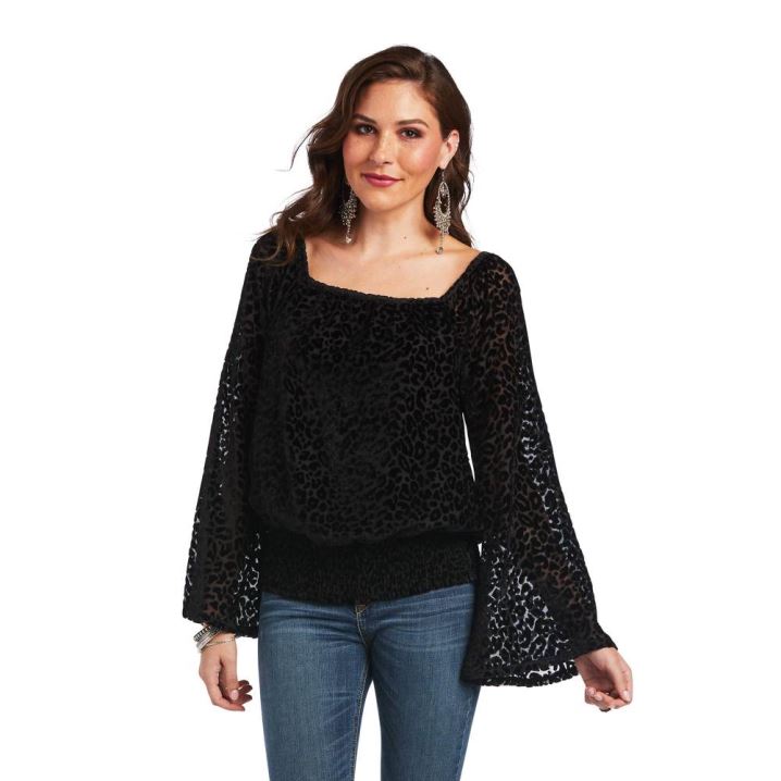 Ariat Leopard Velvet Crop Top Schwarz | 4qCI9fy9