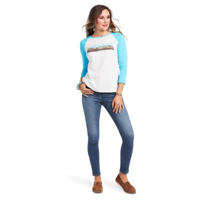 Ariat REAL Long Live Baseball Tee Cloud Dancer/Bachelor Button | dmKtVIeJ