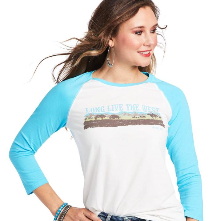 Ariat REAL Long Live Baseball Tee Cloud Dancer/Bachelor Button | dmKtVIeJ