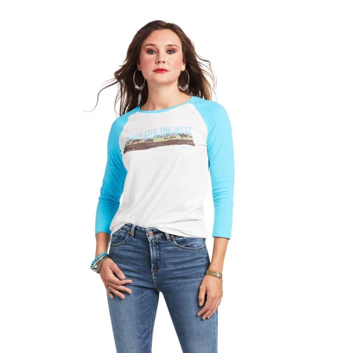 Ariat REAL Long Live Baseball Tee Cloud Dancer/Bachelor Button | dmKtVIeJ