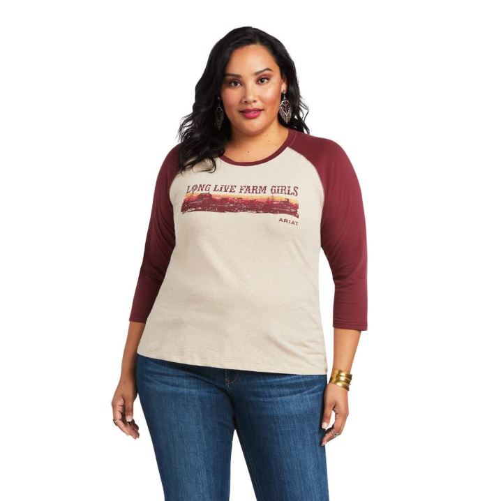 Ariat REAL Long Live Baseball Tee Oatmeal Heather/Zinfandel | wfvJqyPg