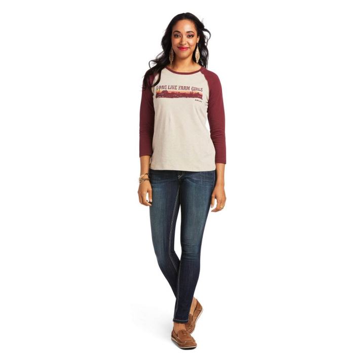 Ariat REAL Long Live Baseball Tee Oatmeal Heather/Zinfandel | wfvJqyPg