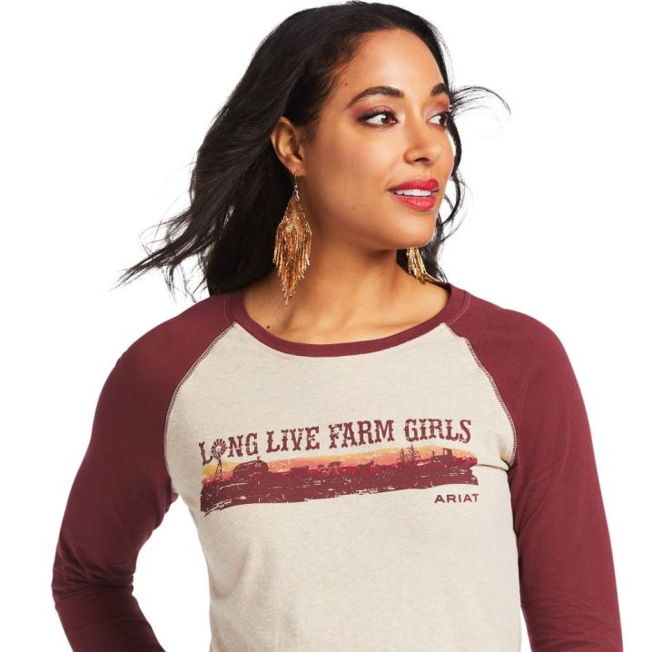 Ariat REAL Long Live Baseball Tee Oatmeal Heather/Zinfandel | wfvJqyPg