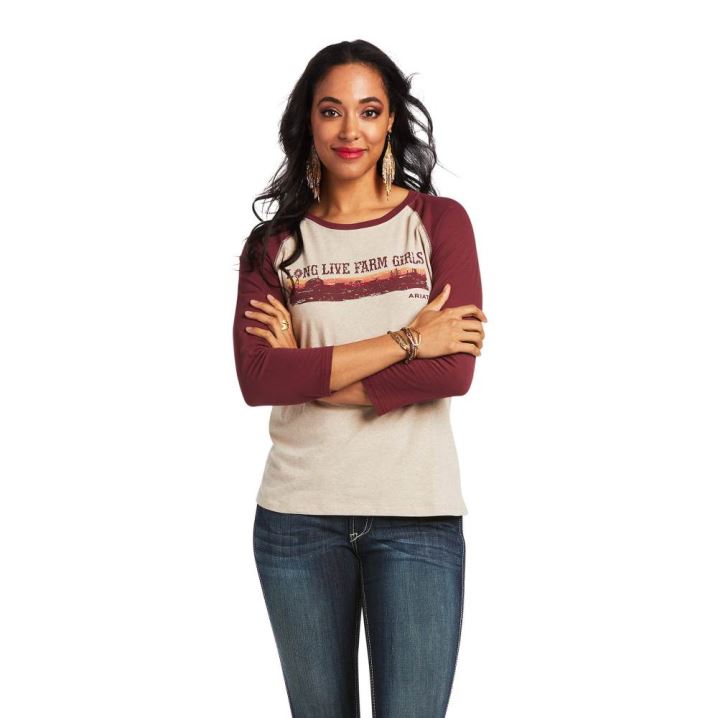 Ariat REAL Long Live Baseball Tee Oatmeal Heather/Zinfandel | wfvJqyPg