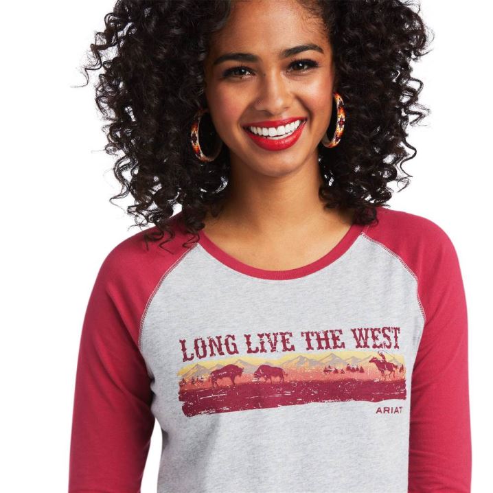 Ariat REAL Long Live Baseball Tee Rot Grau | znXfX93u