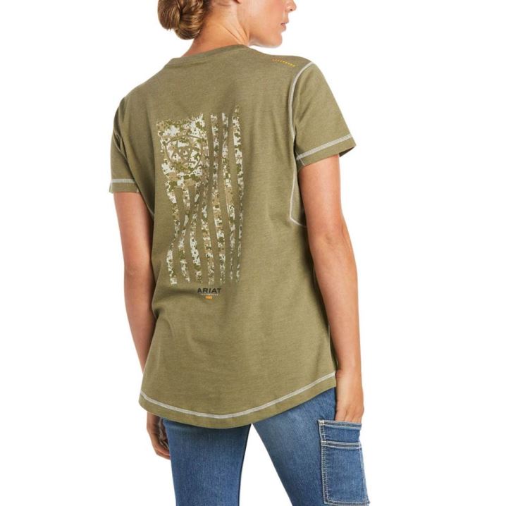 Ariat Rebar Arbeits Woman Camo Flag T-Shirt Olivgrün | p9fAR379