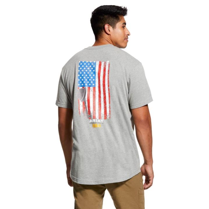 Ariat Rebar Baumwoll Strong American Grit Graphic T-Shirt Grau | TkouwYIu