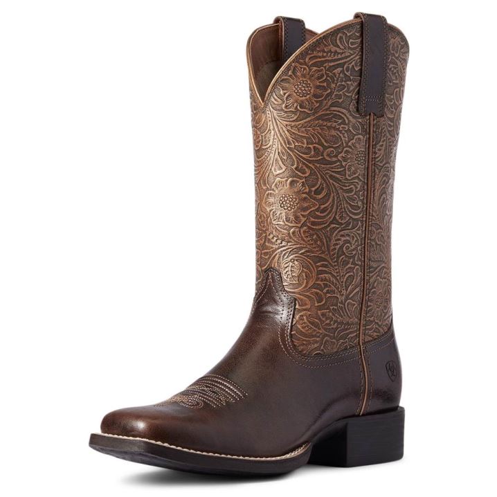 Ariat Round Up Weite Square Kappe Western Boot Braun | 2veFz8JP