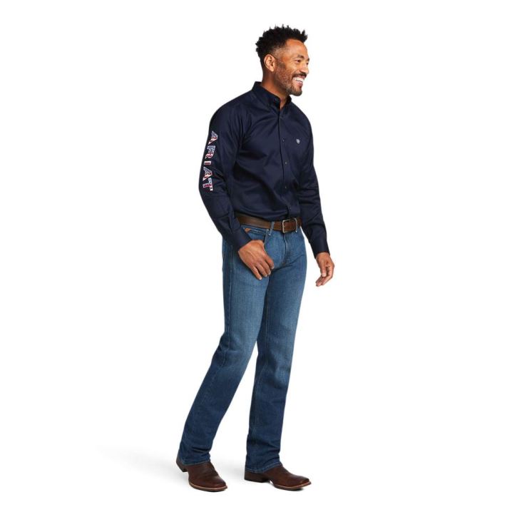 Ariat Team Logo Twill Fitted Shirt Navy | ms867GV9