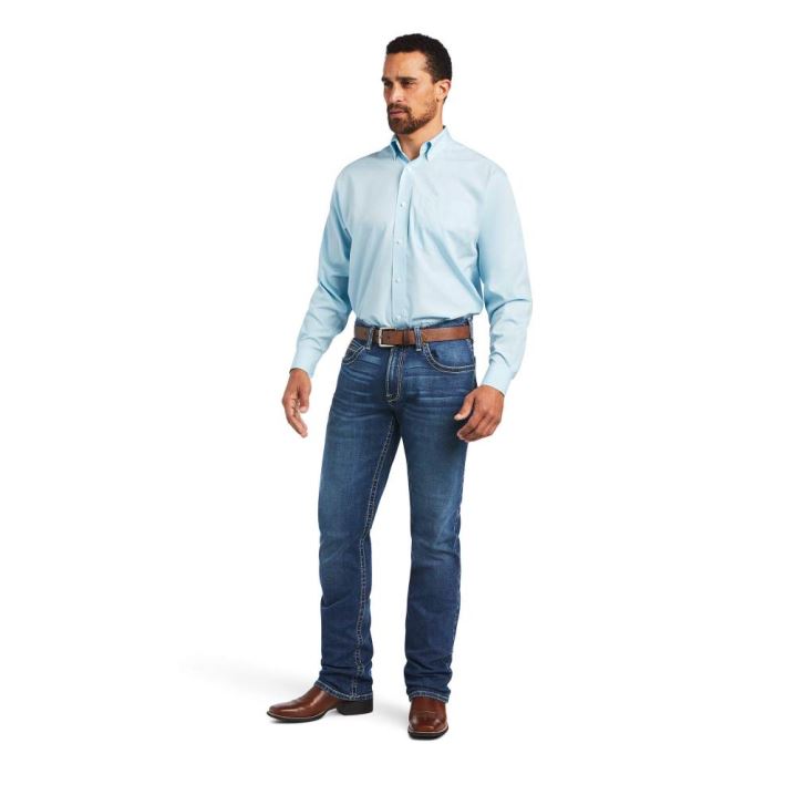 Ariat Wrinkle Free Solid Pinpoint Oxford Klassische Fit Shirt Blau | YG91pdOm